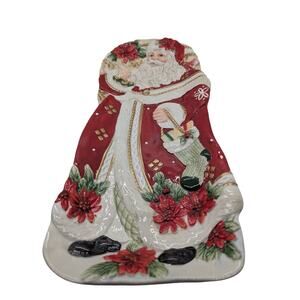 Fitz & Floyd Porcelain Santa Serving Tray, Poinsettias, 2014 Edition 12" Holiday
